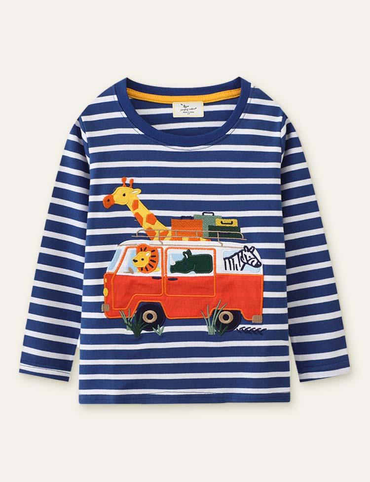 Animal Bus Appliqué Striped Long Sleeve T-shirt - Mini Berni