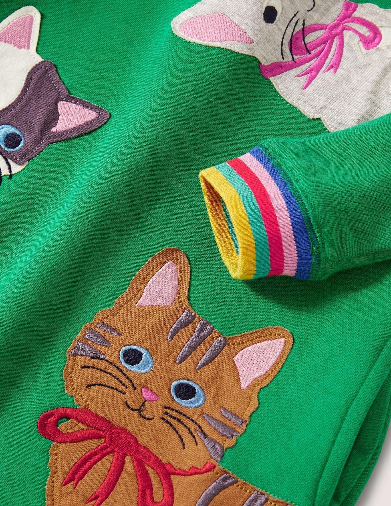 Appliqué Sweatshirt Dress Highland Green Cats - Mini Berni