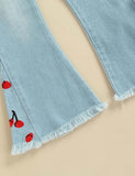 Cherry Embroidered Denim Bell-Bottom Pants - Mini Berni