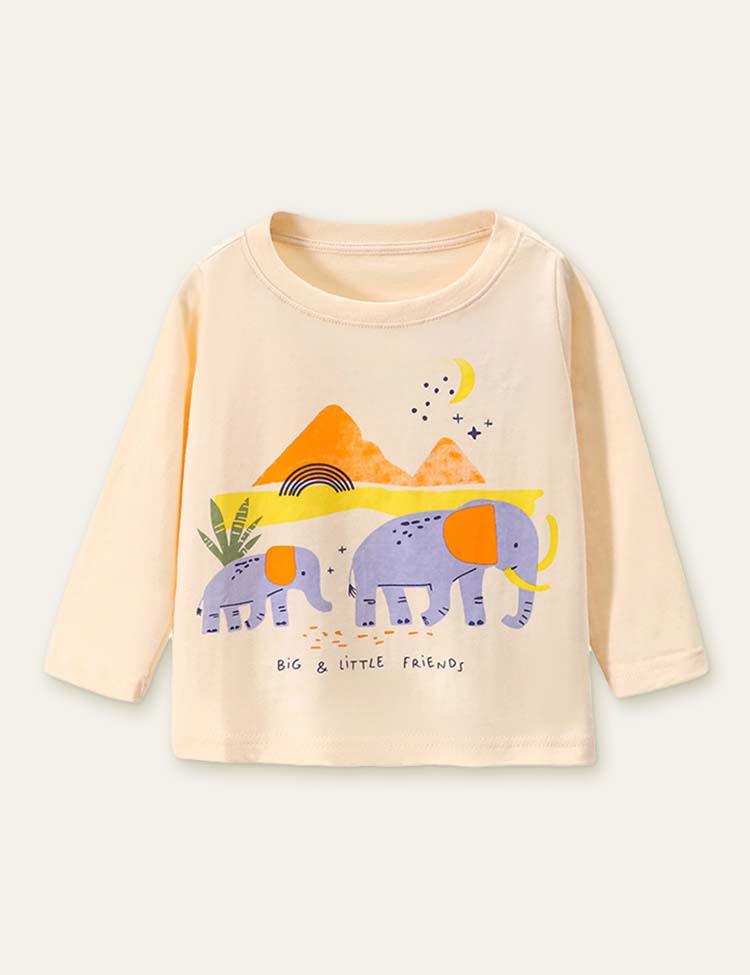 Elephant and Baby Elephant Printed Long-Sleeved T-shirt - Mini Berni