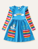 Embroidered Unicorn Appliqué Rainbow Printed Long Sleeve Dress - Mini Berni