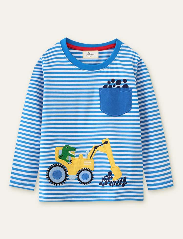 Excavator Dinosaur Appliqué Long Sleeve T-shirt - Mini Berni