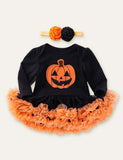 Halloween Ghost Printed Pumpkin Embroidered Mesh Romper - Mini Berni