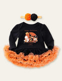 Halloween Ghost Printed Pumpkin Embroidered Mesh Romper - Mini Berni