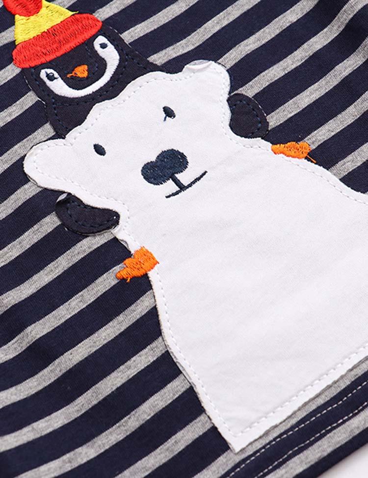 Penguin and Polar Bear Appliqué Striped T-shirt - Mini Berni
