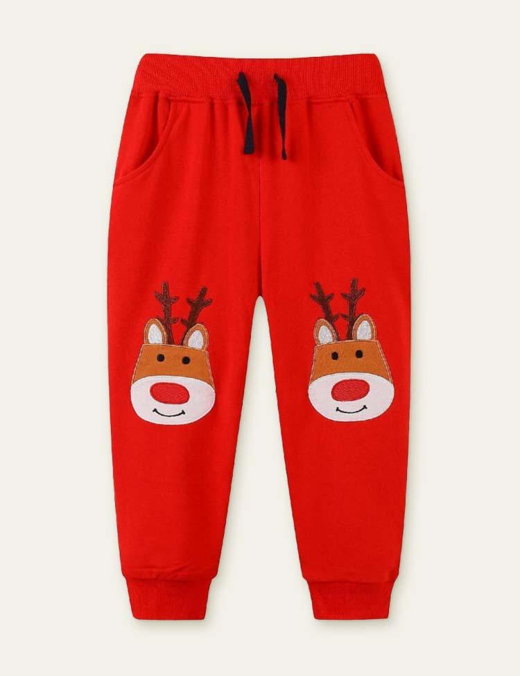 Red Nose Elk Appliqué Embroidered Sweatpants - Mini Berni