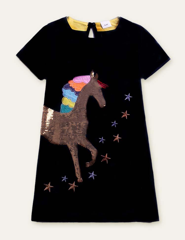 Unicorn Appliqué Star Embroidered Dress - Mini Berni