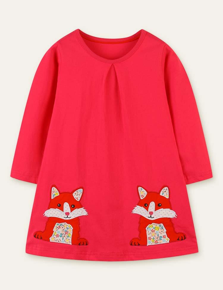 Floral Fox Appliqué Long Sleeve Dress - Mini Berni