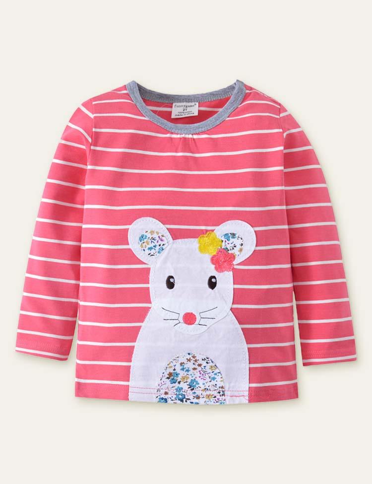Floral Mouse Appliqué Striped Long-Sleeved T-shirt - Mini Berni