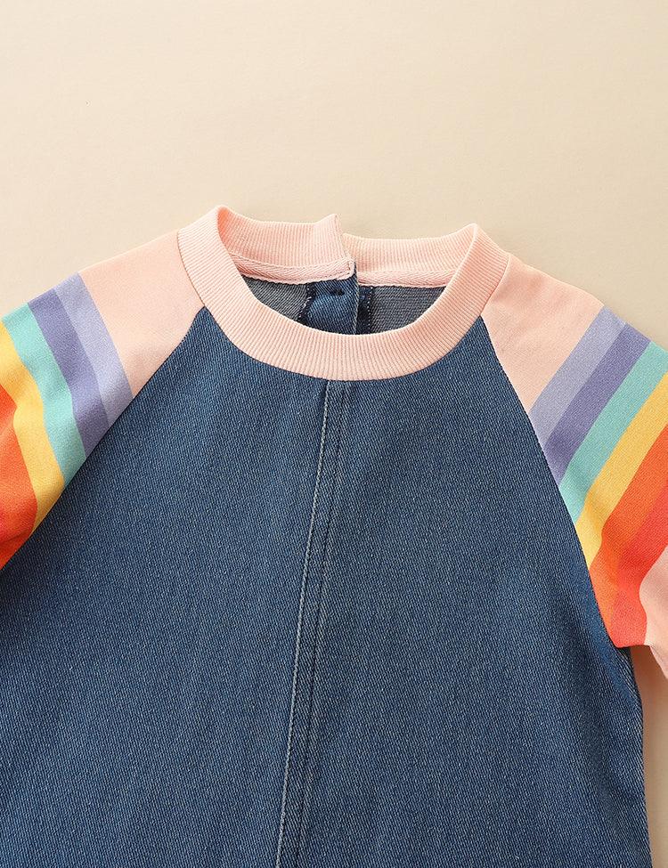 Rainbow Striped Floral Printed Long Sleeve Denim Dress - Mini Berni