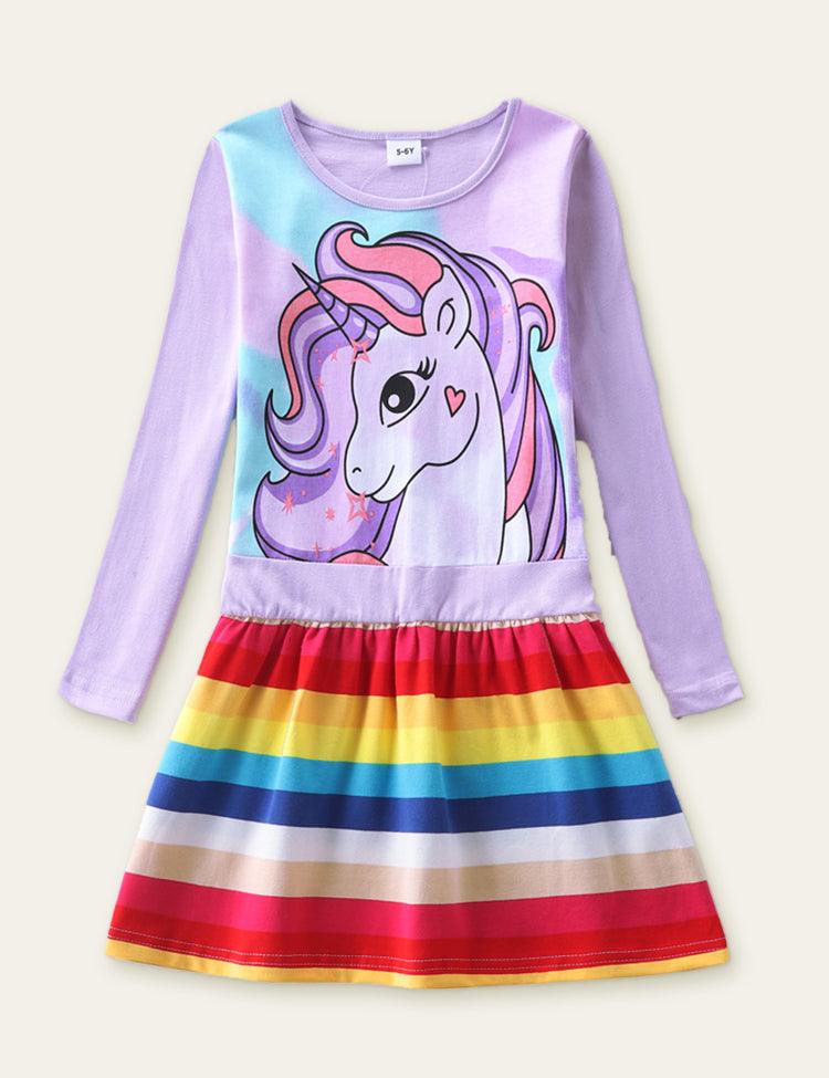 Unicorn Printed Rainbow Striped Dress - Mini Berni